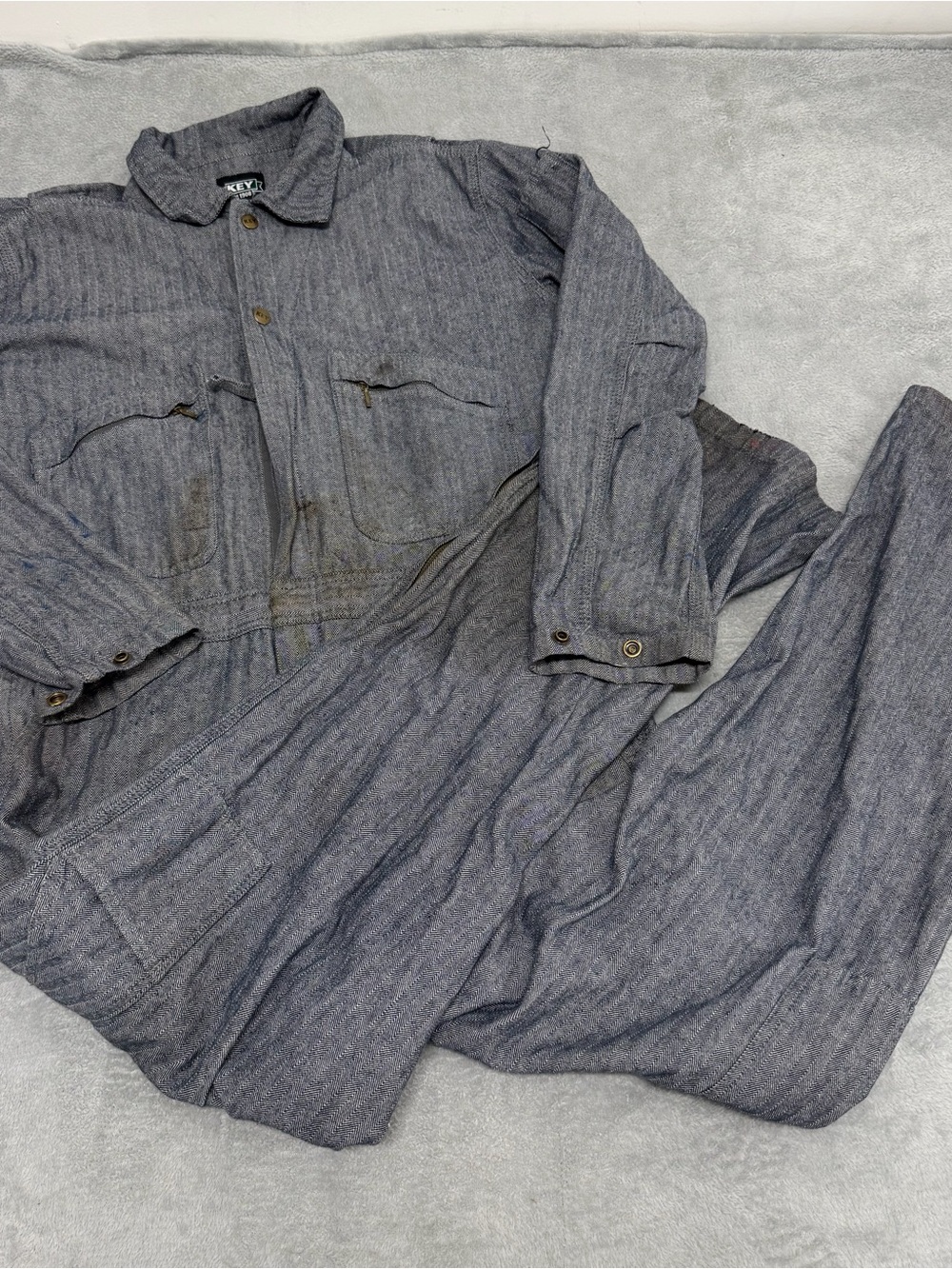 Vtg Key Coveralls Mens Medium Herringbone Conductor Railroad Mechanic Distressed